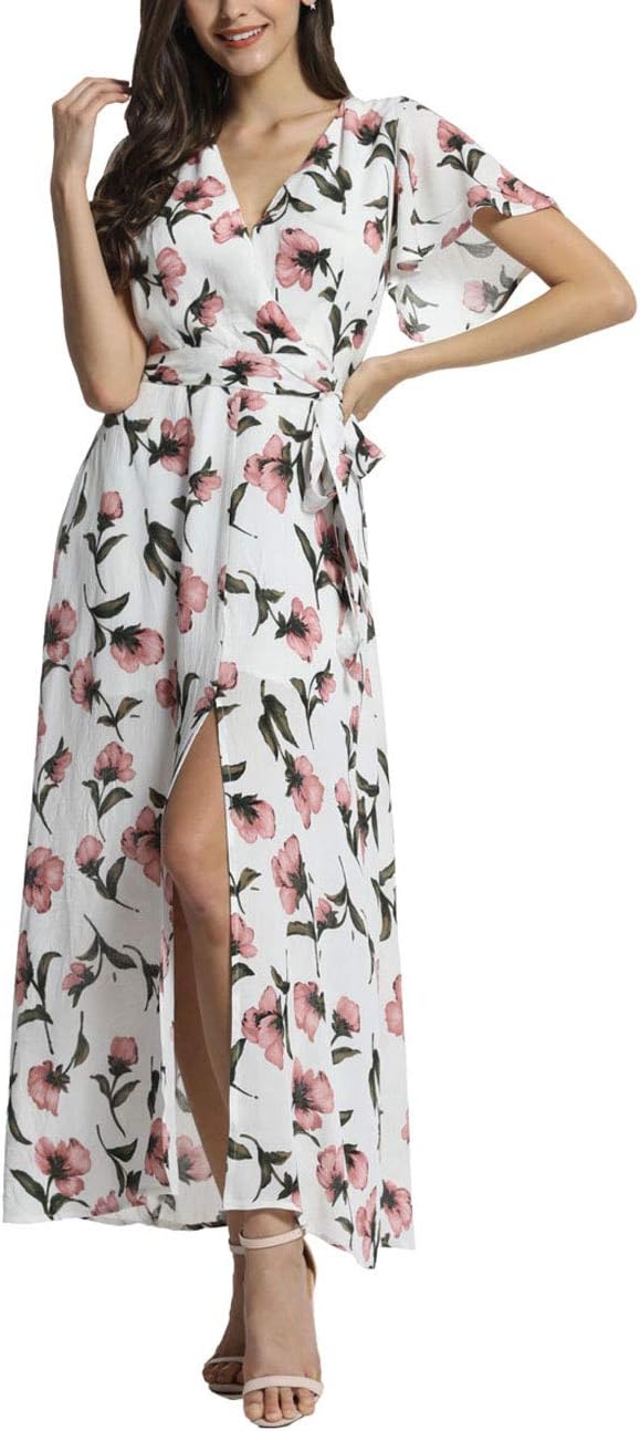 Azalosie Wrap Maxi Dress Short Sleeve V Neck Floral Flowy Front Slit High Low Women Summer Beach Party Wedding Dress