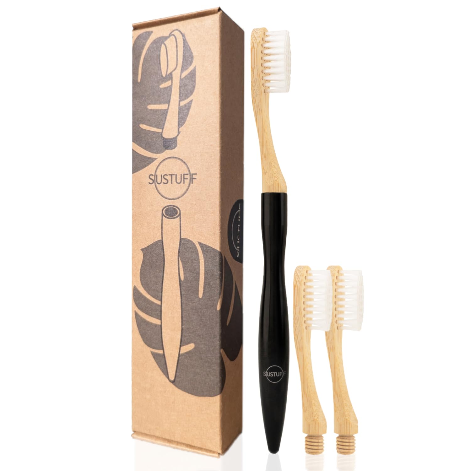 Sustuff | 3 Bamboo Toothbrushes with Soft Plant-Based Bristles | Reusable, Recycled and Plastic-Free Handle (Eclipse Black) Travel Toothbrush