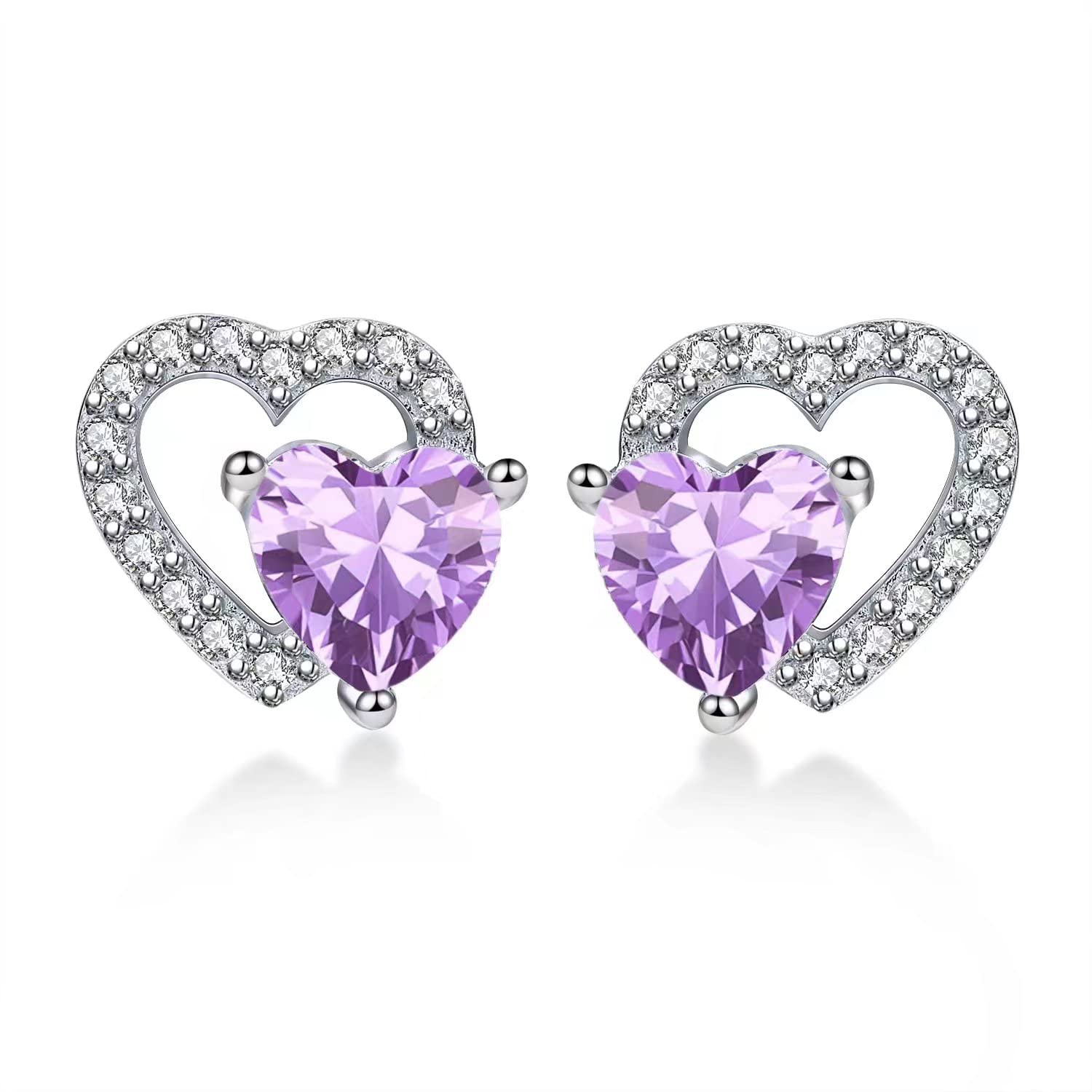 Qings June Birthstone Pearl Ear Studs 925 Sterling Silver Hollow Double Heart Moonstone CZ Dainty Love You Forever Birthdays Gifts for Girlfriend Daughter