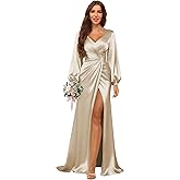 Fokissy Long Sleeve Satin Bridesmaid Dresses V Neck Prom Dresses Long Evening Dresses with Slit