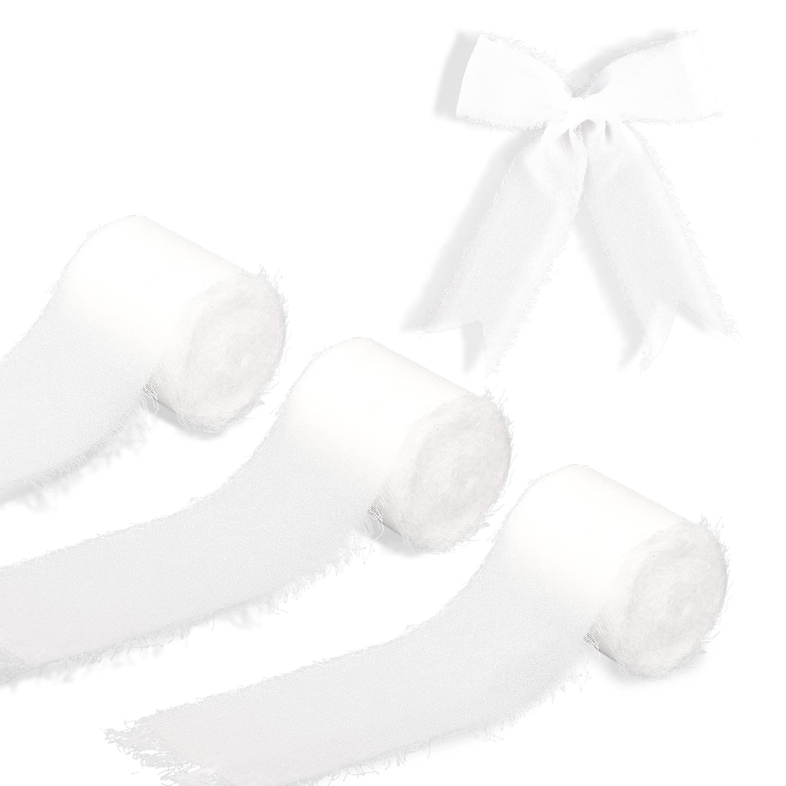 KINBOM 3 Rolls Chiffon Ribbon, 1.5 Inch x 5.5 Yard Handmade Fringe Chiffon Silk Ribbon for Photography Modeling, Background Decoration (White),Embellishment Christmas Atmosphere