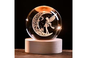ZRENJHUS Moon Fairy Crystal Ball Decorative Ball 60mm Fairy Glass Sphere Decor 3D Dreamy Engraving Gifts for Girls Women Fairy Lovers Wedding Gift with Light Base
