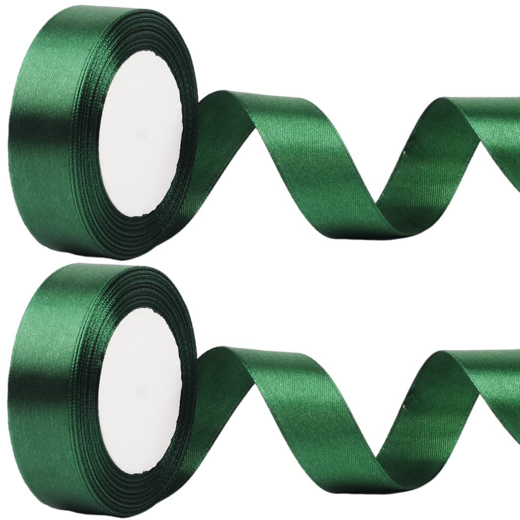 2 x 25mm Wide Dark Green Ribbon Thick Green Christmas Ribbon for Gift Wrapping 22m, 1 inch Thick Green Satin Ribbon for Christmas Wrapping Cake Xmas Tree Hair Bow Bouquet Crafts Decorations
