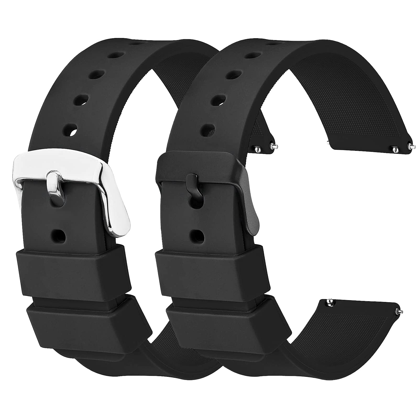 cobee 2 Pcs Silicone Watch Bands, Quick-Release Waterproof Soft Watch Straps with Black or Silver Stainless Steel Buckle Compatible with Smart Watch Sport Watch Wrist Straps for Men Women (22mm-Black)