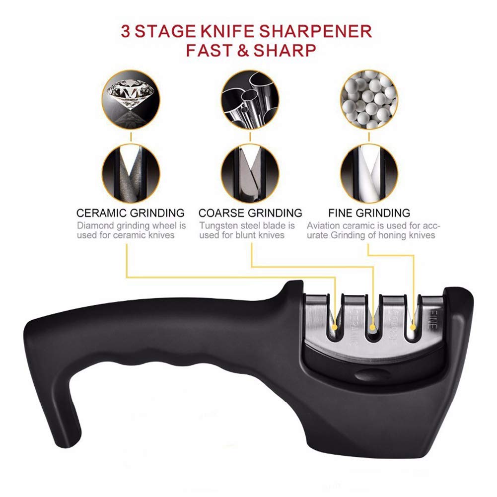 Knife Sharpener, Ceramic Knife Sharpening Stone Tungsten Steel Diamond Sharpener 3 Stage for Knives Kitchen Tools