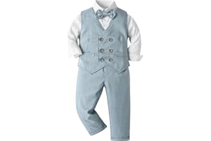 amokk Toddler Suits for Boys Formal Outfits Long Sleeves Shirts Plaid Vest and Pants Cute Gentleman Clothing Set