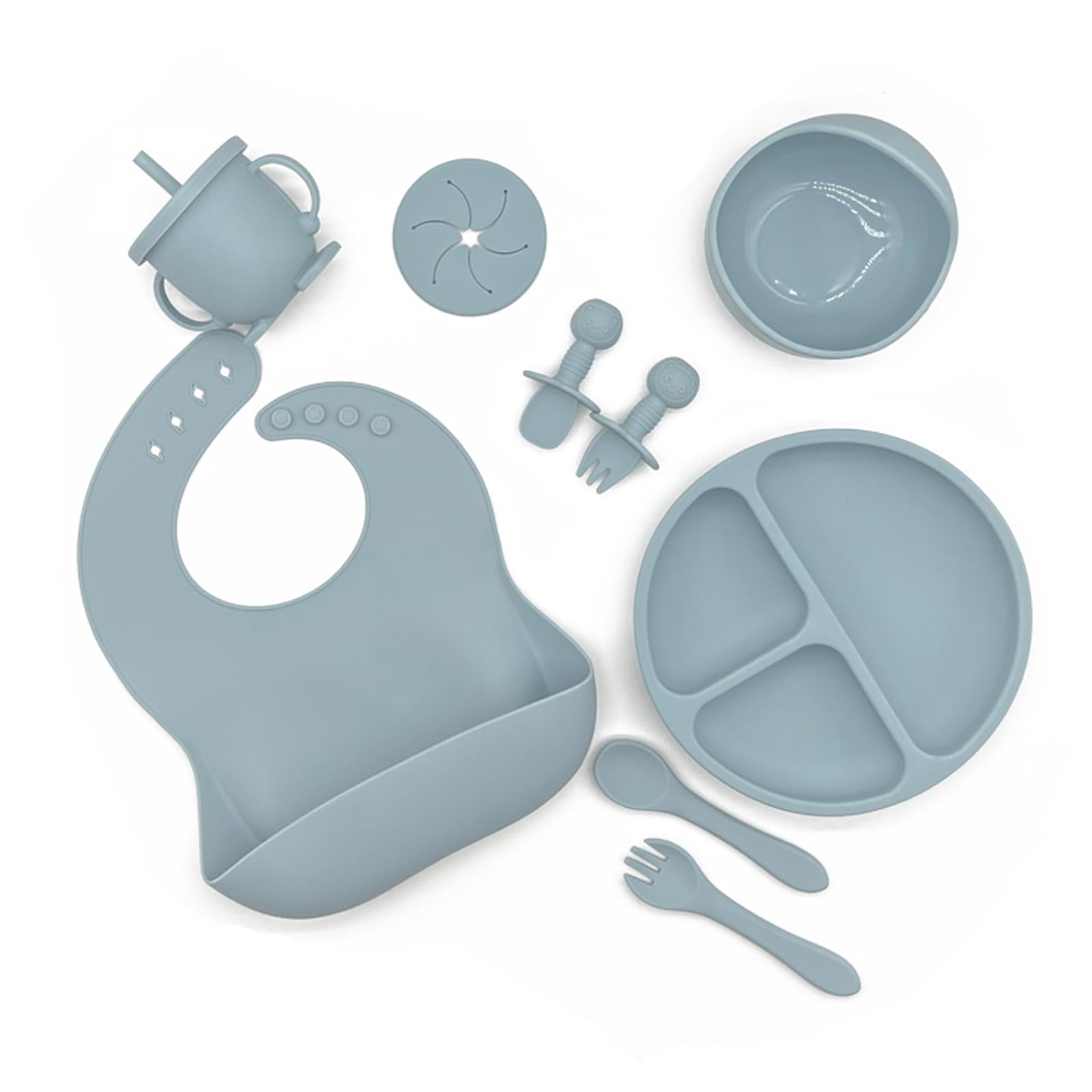 Bojiwavawd Baby Led Weaning Kit Silicone Baby Feeding Set Baby Bibs Suction Bowl Divided Plate Utensils Set