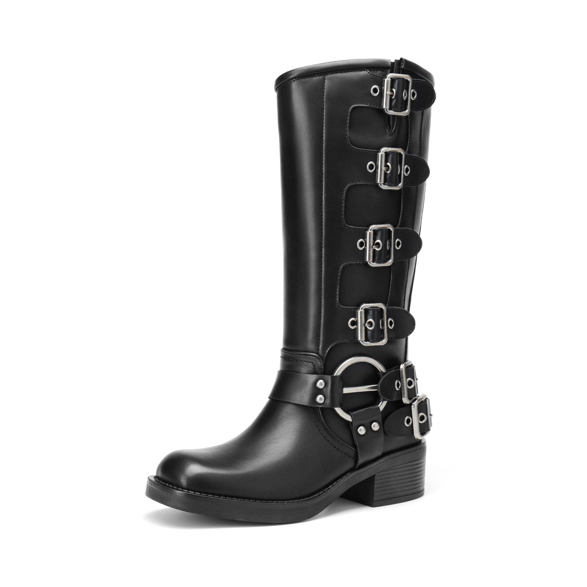 Photo 1 of DREAM PAIRS Women's Knee High Riding Boots Side Zipper Motorcycle Boots Square Toe Chunky Heel Fashion Buckles Biker Boots,Size 9,BLACK-1,SDKB2416W