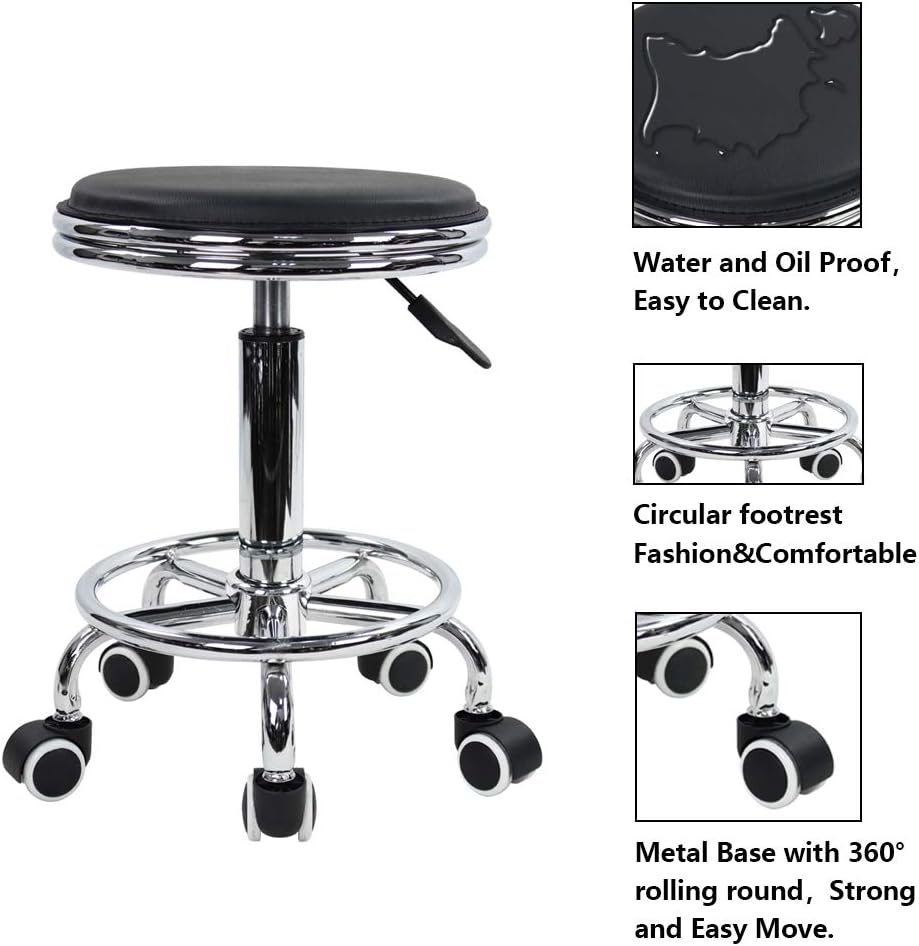 KKTONER Round Rolling Stool with Foot Rest PU Leather Height Adjustment Modern Industrial Metal Style Swivel Spa Salon Tattoo Work Massage Stools Small (Black): Kitchen & Dining