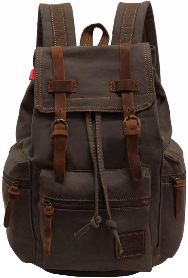 WoLu Practical Vintage Canvas Leather Backpack 15.6 inch Laptop Rucksack Bookbag Satchel Hiking Bag for Men and Women 1039