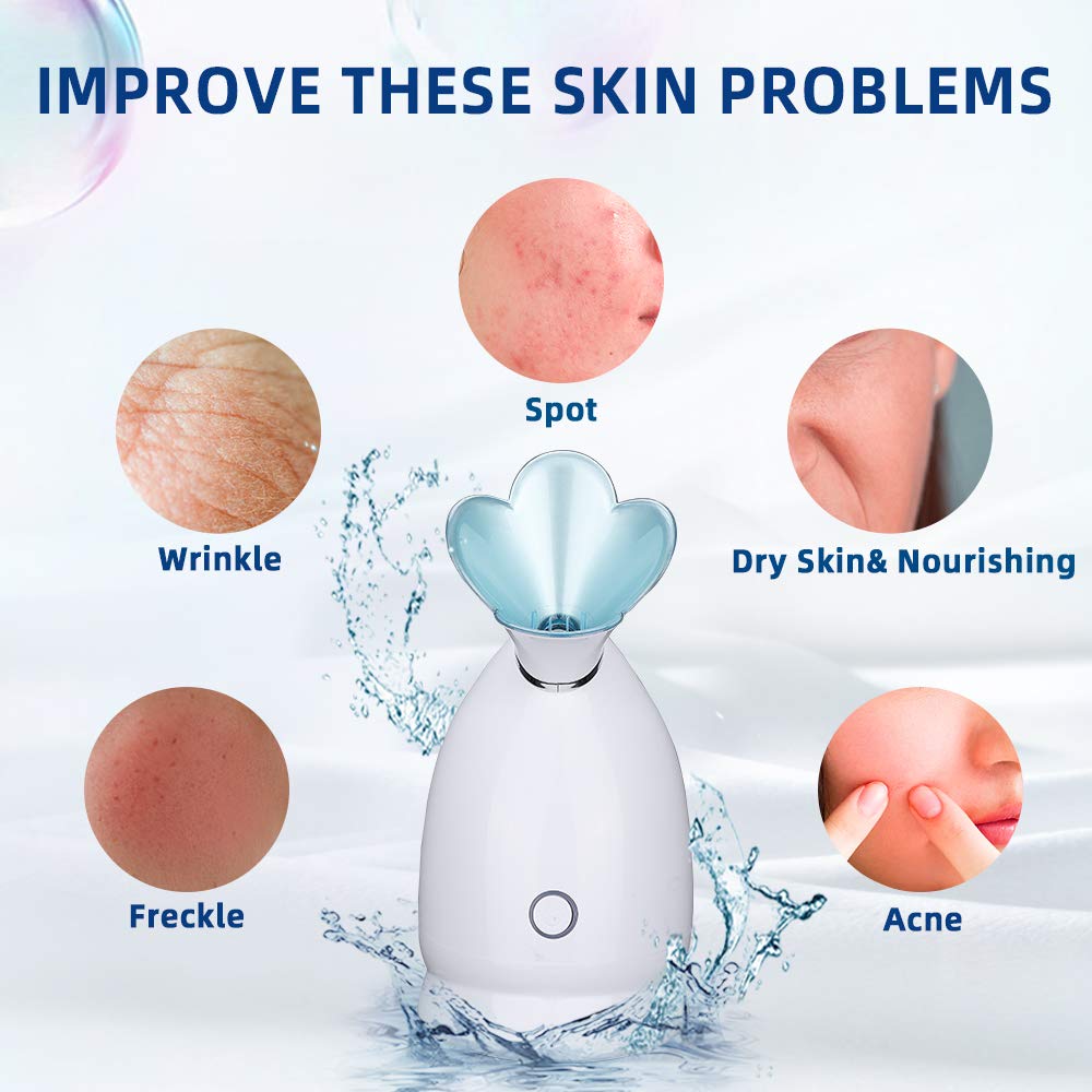Facial Steamer, 10X Penetration 98ML, RUEOO Nano Ionic Face Steamer, Cleansing Pores Humidifier Steamer with 15min Steaming Time, plus Blackhead Remover Kit and Hair Band Moisturizing Steamer: Beauty