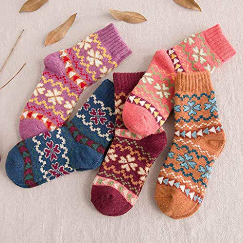 OTTATAT Popular Trendy Women's Socks,5 Pairs Vintage Style Knit Wool Casual Sport Sock Cashmere Thickening Soft Warm Floor Socks Slim Comfort Plaid Stripe Patchwork Pattern Daily Wears Collocation