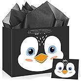 Black Penguin Gift Bags Decorations Penguin Birthday Party Favors Gift Bags with Wrapping Tissue Paper and Greeting Card for Boys Girls Kids Teens Birthday Baby Shower Winter Party Supplies Decor
