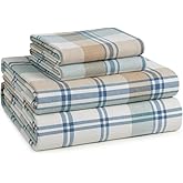 LANE LINEN 100% Cotton Queen Flannel Sheets Set - Brushed for Extra Softness - Lightweight & Durable Cotton Flannel 15" Deep Pocket Queen Sheets Set - Warm Winter Queen Size Bed Sheets - White Plaid