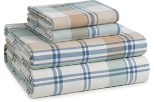 LANE LINEN 100% Cotton Queen Flannel Sheets Set - Brushed for Extra Softness - Lightweight & Durable Cotton Flannel 15" Deep Pocket Queen Sheets Set - Warm Winter Queen Size Bed Sheets - White Plaid