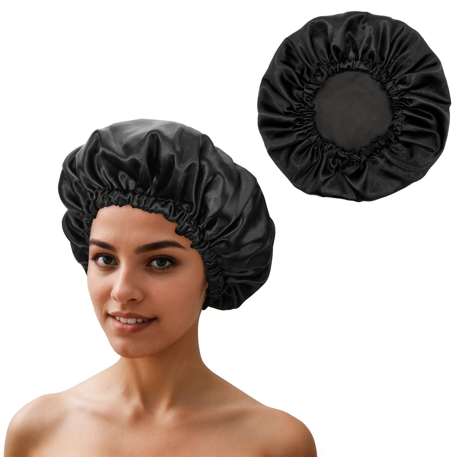 QIUTIMIY Satin Bonnet for Curly Hair, Women's Adults, Black, One Size, Adjustable, Hair Protection, Versatile