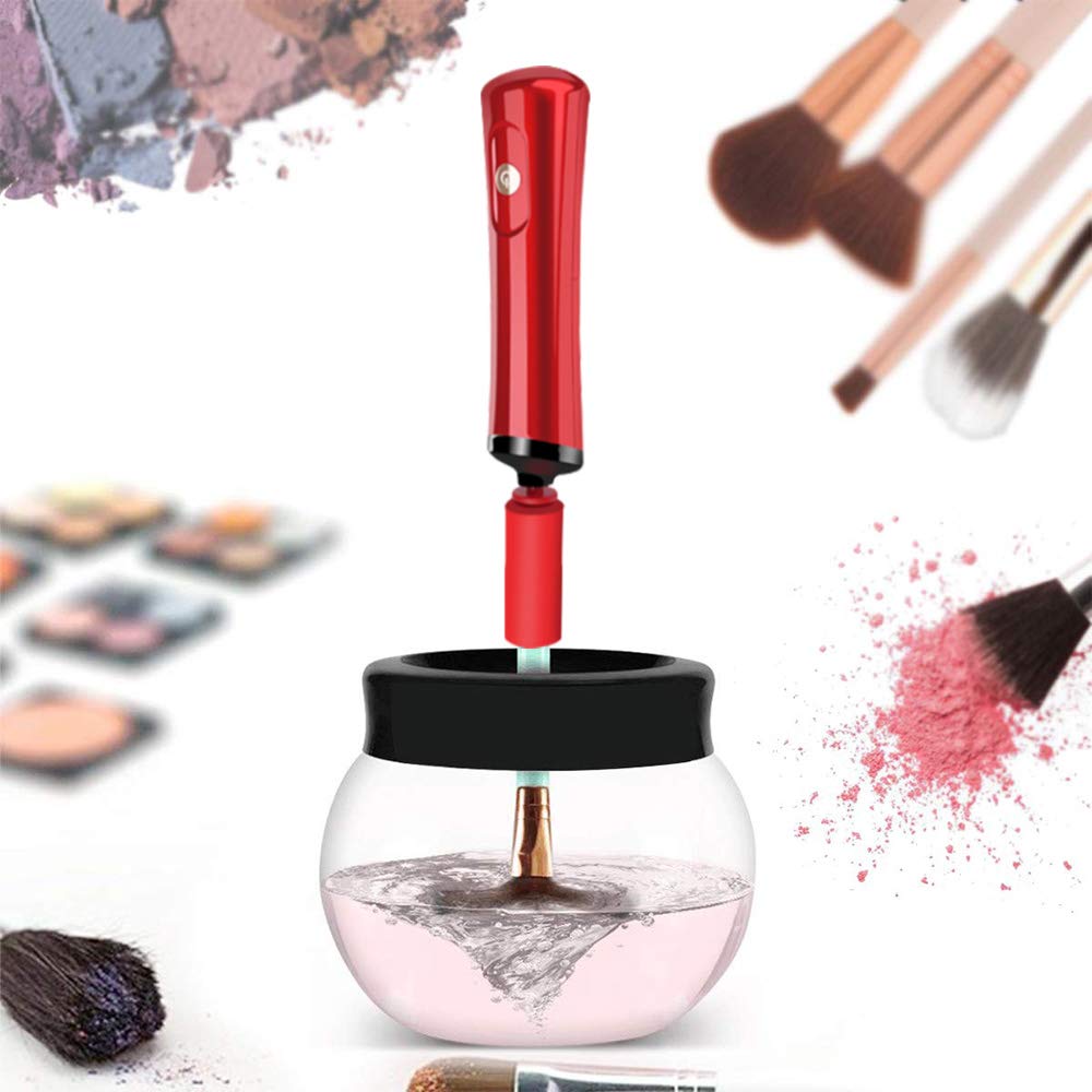 E-Senior Makeup Brush Cleaner and Dryer Automatic Electronic Cosmetic Brush Cleaner Spinner with 8 Different Sizes Collars(Red)