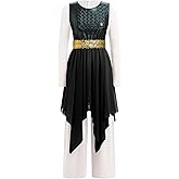 IBAKOM Women Praise Dance Overlay and Tunic with Jumpsuit Worship Metallic Chiffon Skirt Wide Leg Romper Liturgical Dancewear