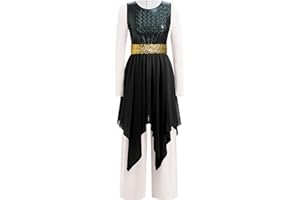 IBAKOM Women Praise Dance Overlay and Tunic with Jumpsuit Worship Metallic Chiffon Skirt Wide Leg Romper Liturgical Dancewear