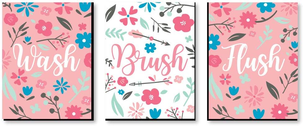 Big Dot of Happiness She's a Wild One - Kids Bathroom Rules Wall Art - 7.5 x 10 inches - Set of 3 Signs - Wash, Brush, Flush