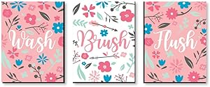 Big Dot of Happiness She's a Wild One - Kids Bathroom Rules Wall Art - 7.5 x 10 inches - Set of 3 Signs - Wash, Brush, Flush