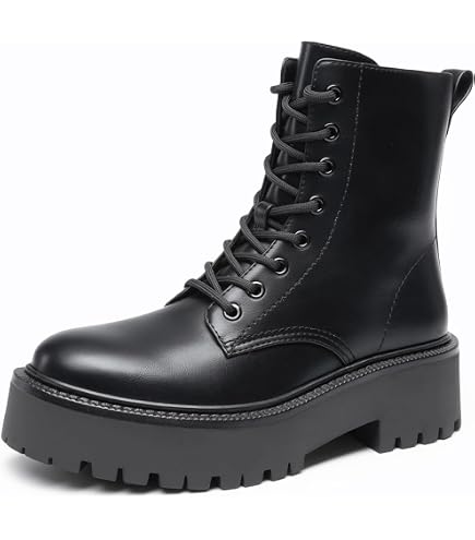 8-Eye Platform Combat Boots Chunky Sole Leather Lace Up Zipper Lace Up Boots with Track Sole | Vegan Women main image 3