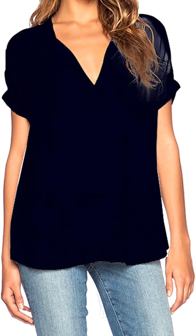 YZXH Womens Casual Short Sleeve V-neck Chiffon Top Tee Blouse Black S at Amazon Womenâs Clothing 