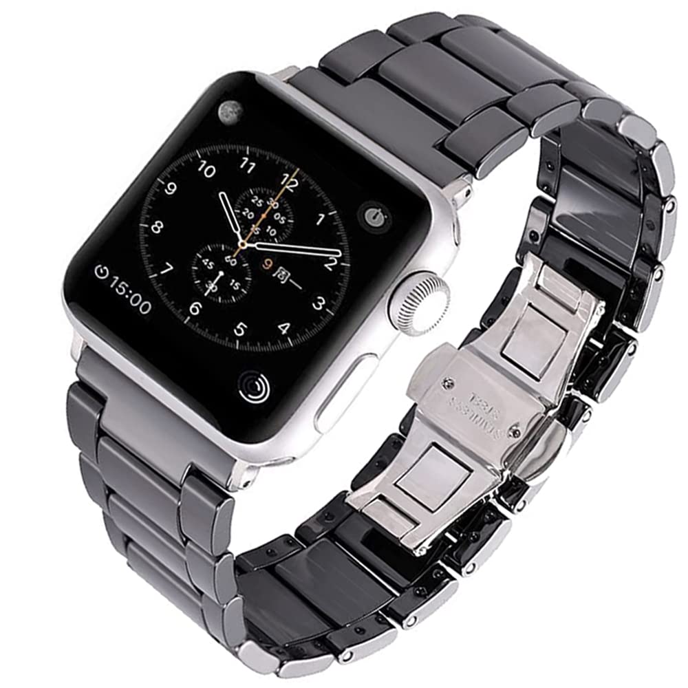 MaKTech Ceramic iWatch Band,Concave-Convex Tessellation Link Strap,Compatible with Apple Watch Series 11/10/9/8/7,SE 3/2/1 [2025] (42mm/41mm/40mm,Black)