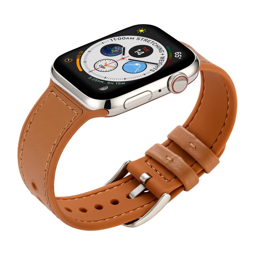 Buckle & Band Mona Silicone and Leather Sports Compatible Apple Watch Strap Brown Genuine Leather upper, silicone under with Silver Buckle for Series 1, 2, 3, 4, 5, 6, 7 38mm, 40mm, 41mm