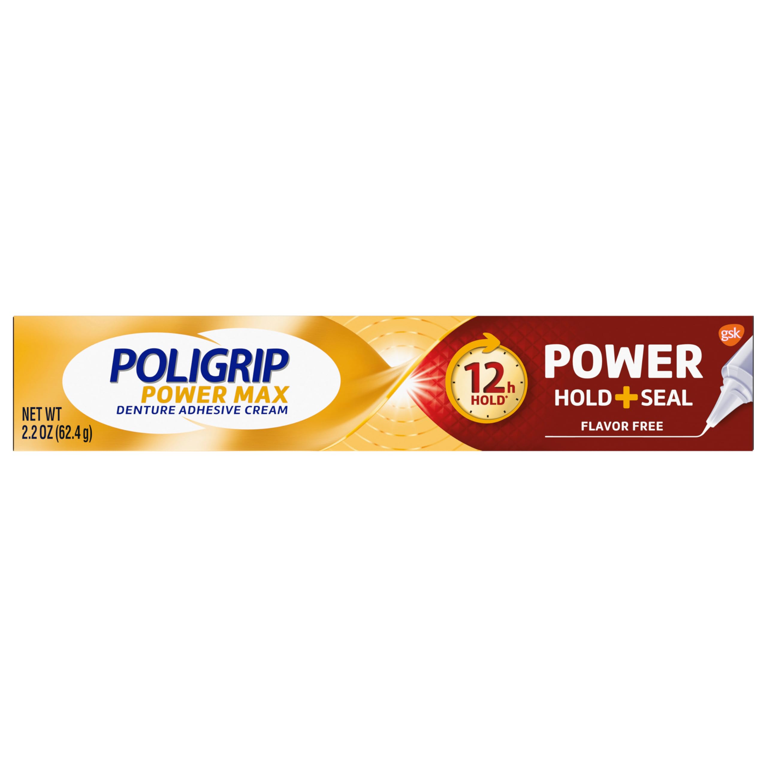 Super PoliGrip Poligrip Power Max Power Hold plus Seal Denture Adhesive Cream, Denture Cream for Secure Hold and Food Seal, Flavor Free - 2.2 oz (Pack of 4)