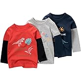 Julerwoo Boys Cotton Long Sleeve T-Shirt Dinosaur Printed Crewneck Shirts Tops for Toddler Kids