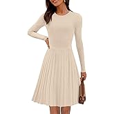 MEROKEETY Women's 2025 Long Sleeve Mini Sweater Dress Crewneck Ribbed Knit A Line Pleated Swing Short Dresses