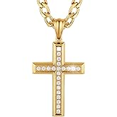 HZMAN 24K Gold-Plated Solid CZ Cross Necklace for Men Women Stainless Steel Religion Jewelry with 24 Inch Figaro Chain