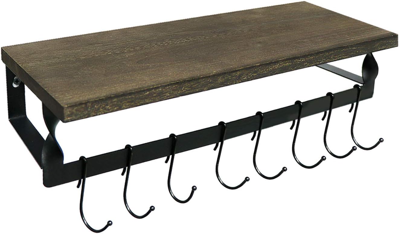 Minggoo Floating Shelf Wall Mounted for Storage Rustic Wood Kitchen Spice Rack with 8 Removable Hooks for Organize Cooking Utensils or Mugs