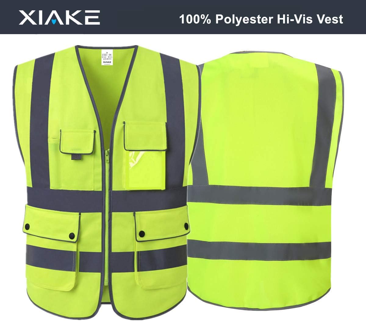 XIAKE Class 2 High Visibility Reflective Safety Vests with 8 Pockets and Zipper Front, Meets ANSI/ISEA Standards(Small, Yellow) - - 