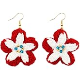 Handmade Crochet Flower Earrings for Women | Red & White Lightweight Boho Dangle Jewelry | Hypoallergenic 18K-Gold-Plated Sterling Silver Hooks | Unique Handmade Gift | Holiday & Everyday Statement Accessory