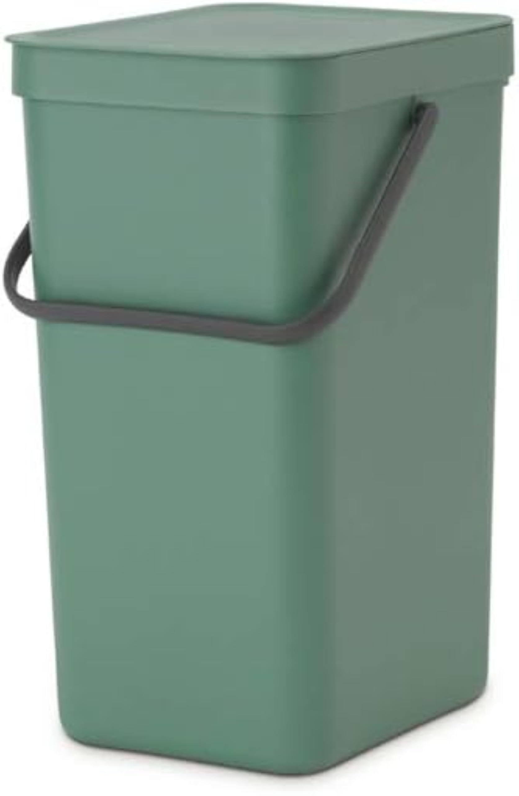 Brabantia Sort & Go Waste Bin 16L (Fir Green), Space-Efficient Plastic Recycle Container with Handle, Removable and Stay-Open Lid, Easy to Clean Kitchen Bin without Nooks and Rims