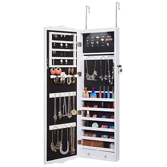 LANGRIA Joyero Espejo Armario Montado en Pared Colgado con LED de Longitud Completa con 2 Cajones Tallados Diseño y 3 Alturas Ajustables (Blanco)