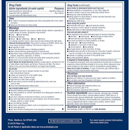 ADVIL PM PAIN RELIEVER AND NIGHTTIME SLEEP AID, PAIN MEDICINE WITH IBUPROFEN FOR PAIN RELIEF AND DIPHENHYDRAMINE CITRATE FOR A SLEEP AID – 50X2 COATED CAPLETS