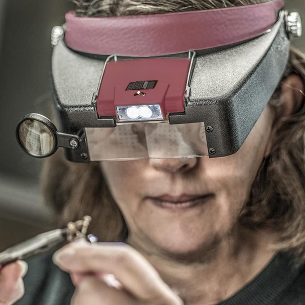 Headband Magnifier Led Light Head Lamp Magnifying Glass Jeweler Loupe with Led Lights 1.5X 3 X 8.5X 10x (Red)