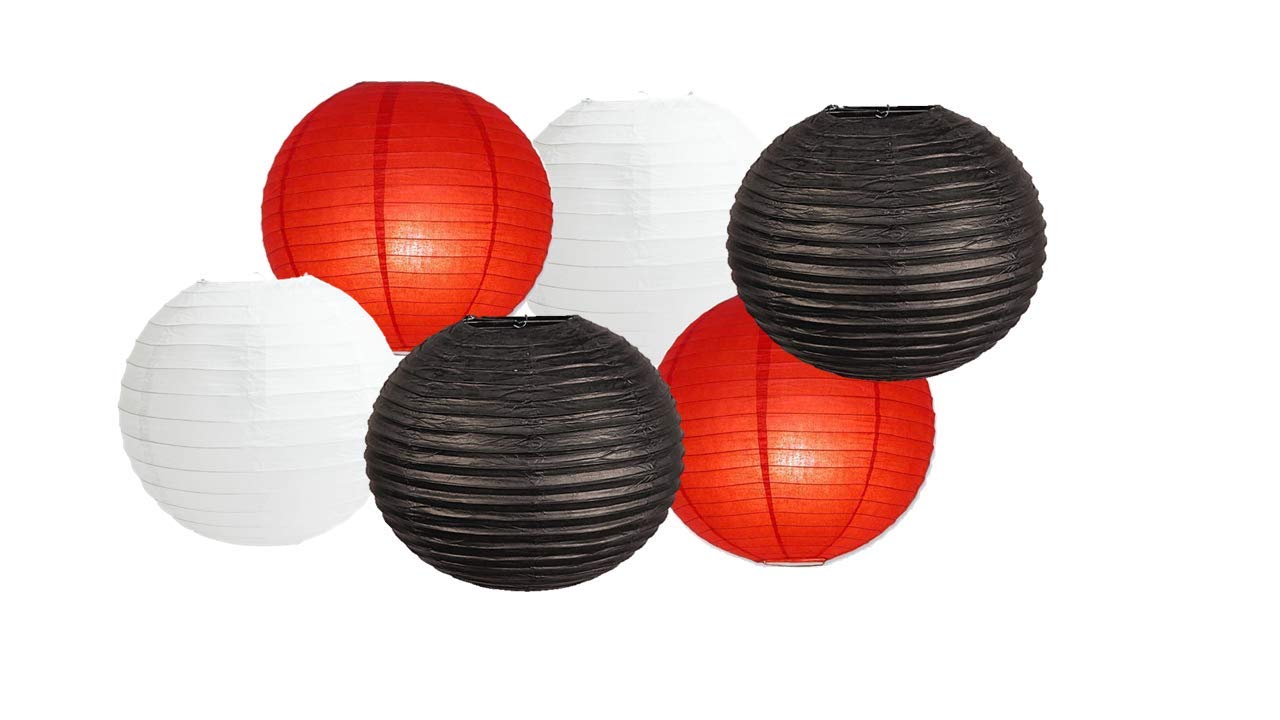 Paper Lanterns Mix Color Packs of 6 Round Paper Lanterns Lampshade (Red Black Shade, 12" (30 Cm))