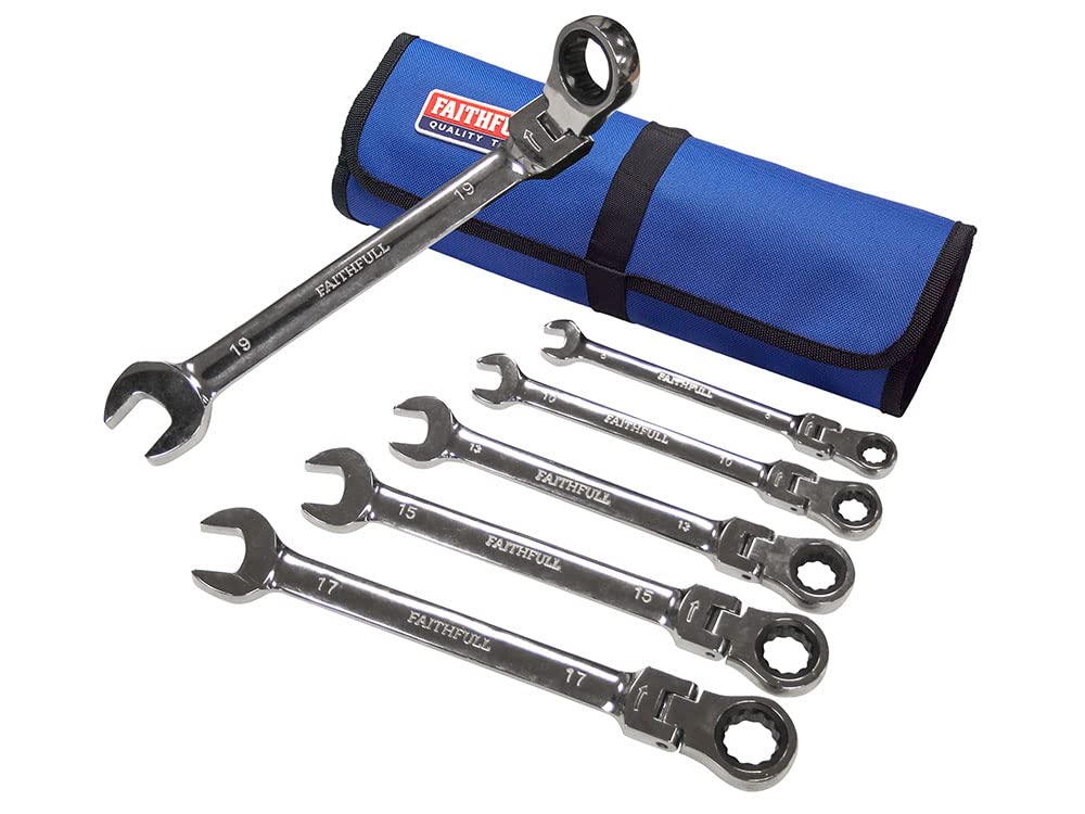 Faithfull FAISPARAT6SR Flexi Head Ratchet Spanner Set 6 Piece Including Tool Rool