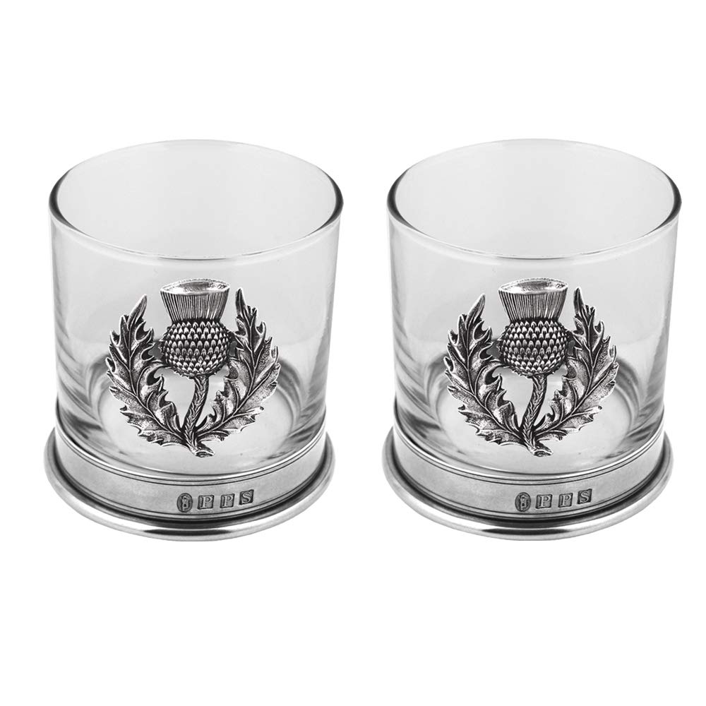 English Pewter Company Glass Whisky Tumbler Set with Thistle and Pewter Base [SG706]