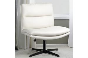 LEMBERI PU Leather Armless Office Desk Chair No Wheels,Criss Cross Legged Home Office Wide Padded Swivel Vanity Chair,120°Rocking Mid Back Ergonomic Computer Task Chair for Make Up,Small Space