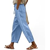 Puimentiua Women Linen Pants Lightweight Pants with Lace Side Summer Casual Beach Drawstring Elastic Waist Trousers