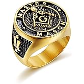 Masonic Master Mason Freemason Ring for Men - Gold Plated Symbol Compass Square Jewelry - Religious Amulet Biker Ring