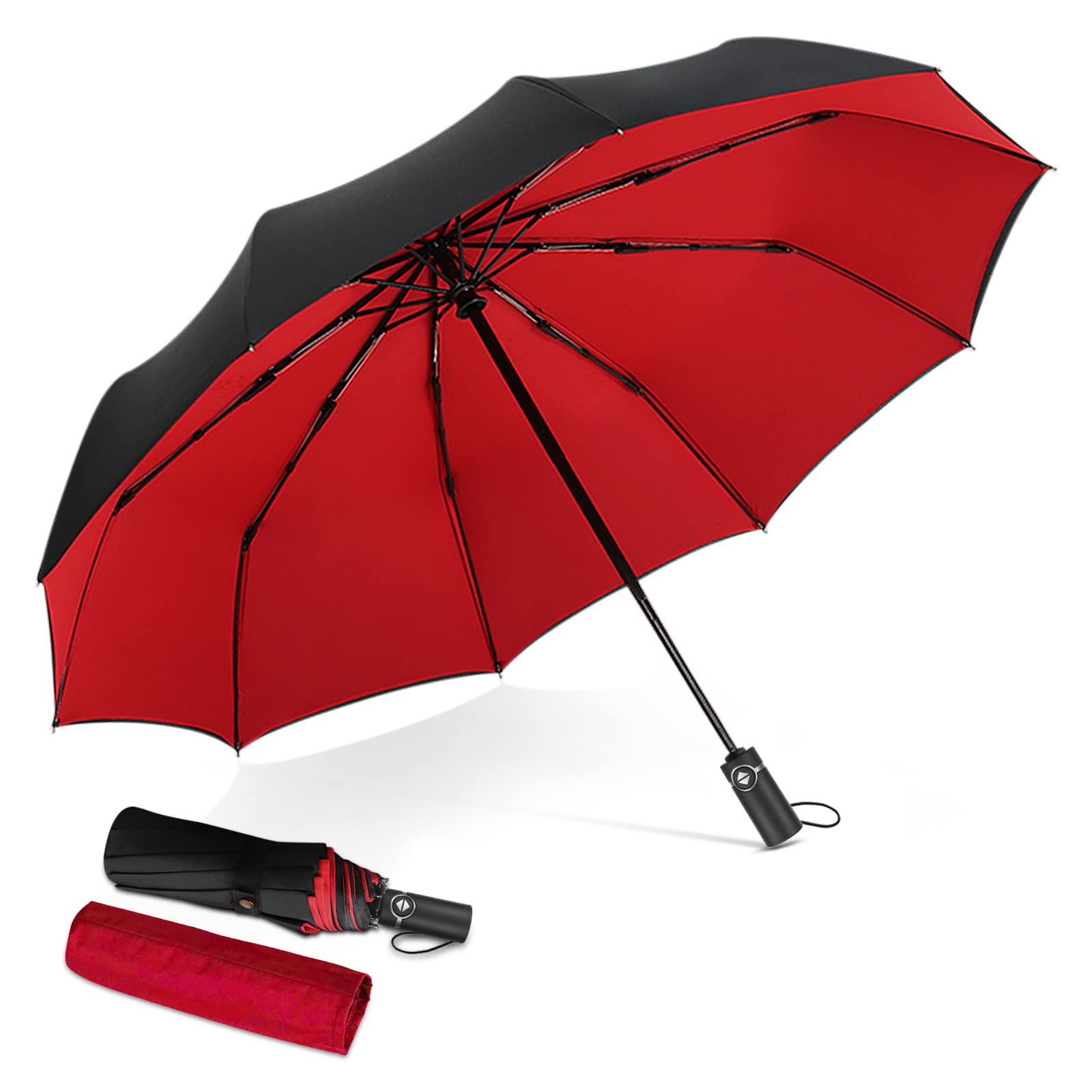 DORRISO Automatic Folding Umbrella Women Men Strongest Windproof Travel Portable Compact Business Golf Sun Umbrella Slip-Proof Handle Ladies Umbrella Fits Car & Backpack Red
