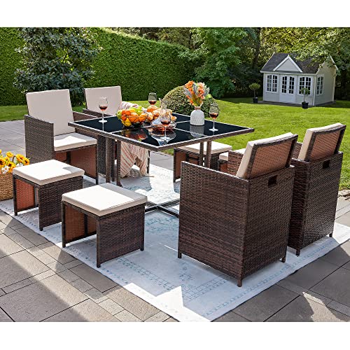 Devoko 9 Pieces Patio Dining Sets Outdoor Space Saving Rattan Chairs