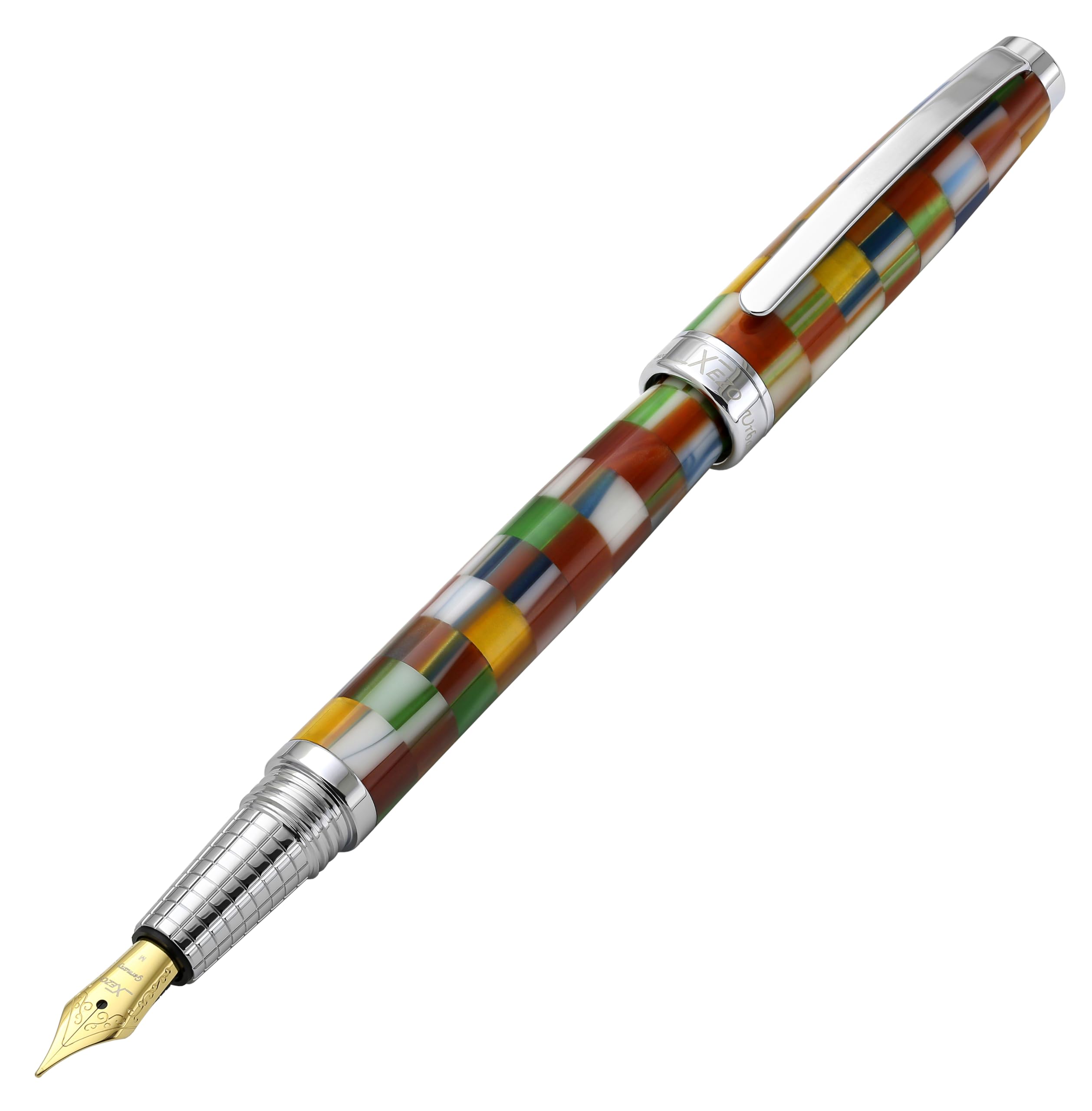 Xezo Urbanite II Fountain Pen, Medium Nib. Jazzy Multicolor Color with Chrome Plating. Handcrafted, Limited Edition, Serialized