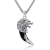 HUKKUN Wolf Necklace for Men Stelring Silver Obsidian Wolf Tooth Neckalce Viking Wolf Jewelry Gift for Men